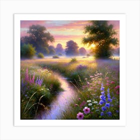 Serene Sun Dappled Landscape At Dawn Art Print