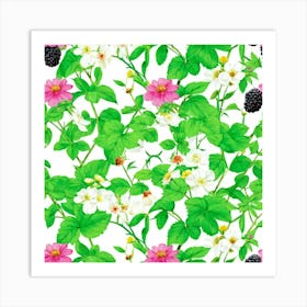 Botanical Illustration Of A Summer Garden With A Focus On Blooming Pink Flowers And Blackberry Bushe (1) Art Print