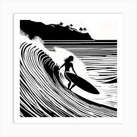 Linocut Black And White Surfer Girl On A Wave art, surfing art, 260 Art Print