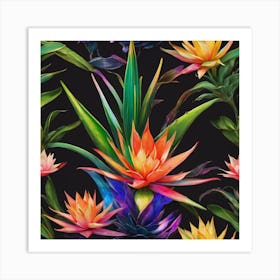 Tropical Flowers On A Black Background Art Print