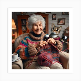 Grandma Lady Knitting With Cat Art Print