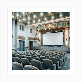 An empty movie theater with rows of seats facing a blank screen. Art Print