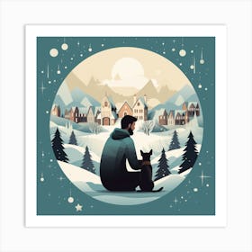 Man With Dog In The Snow Art Print