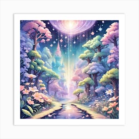 A Fantasy Forest With Twinkling Stars In Pastel Tone Square Composition 94 Art Print