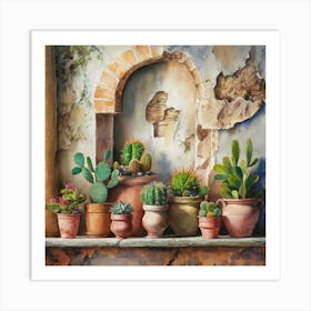 Watercolor painting of an old, weathered wall with cracked stone and peeling paint. The background features various sizes and shapes of terracotta pots on the shelf below. Each pot is filled with vibrant cacti or succulents, 4 Art Print