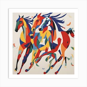 Three Horses Running Matisse Style Art Print