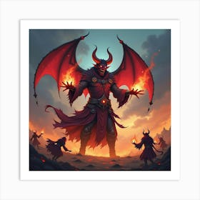 Demon Sorcerer Summoning Fire Minions, Colorful Landscape 1 Art Print