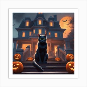 Halloween Cat In Front Of House 18 Art Print