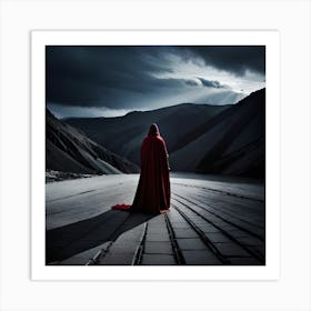 Red Cloak, Lady in Red Gown, Realistic Landscape, Far away travel destination, digital art print, home decor Art Print