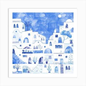 Oia Santorini Greece Blue and White Watercolor Townscape Art Print