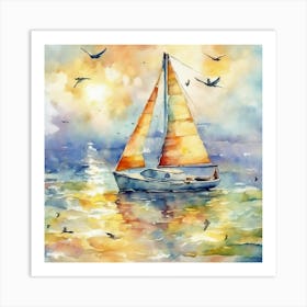 Watercolor Sailboat On The Sea Art Print