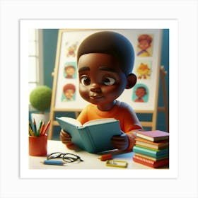 African American 6 years reading book 3D ART 3 Art Print