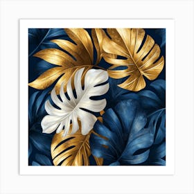 Gold And Blue Tropical Leaves Art Print