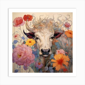 Cow Surrounded by Flowers Art Print