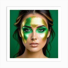 Beautiful Woman With Green And Gold Makeup 1 Art Print