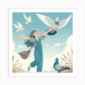 Girl With Pigeons 1 Art Print