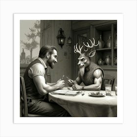 Deer At The Table 1 Art Print