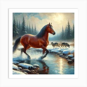Beautiful Horse In Stream With Wolves Copy Art Print