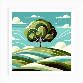 Tree On A Hill Art Deco Art Print