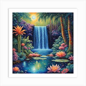 Nature’s Symphony: Waterfall Serenade in a Lush Autumnal Forest wall art Art Print