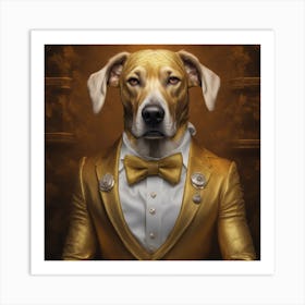 A Super Wealthy Hippie Muscular Dog Wearing A Beautiful Tailored Golden Suit, Heterochromia Iridum,M Art Print