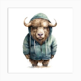 Watercolour Cartoon Muskox In A Hoodie 2 Art Print