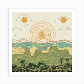 Straight and broken flowing lines and tree shapes, gold, sage, orange, lemon and brown calligraphy drawing in the form of a tropical ocean. Art Print