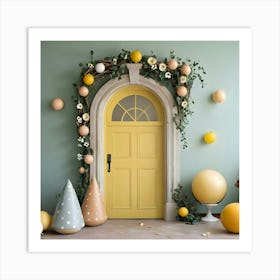 Yellow Door With Balloons Art Print