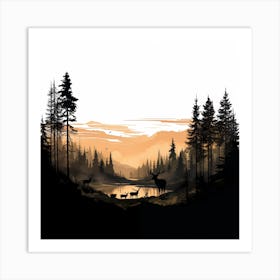 Silhouetted Stags By The Lake Art Print