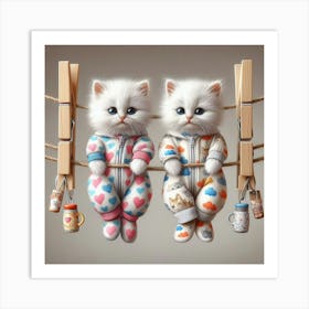 Two Kittens Hanging On Clothesline 2 Art Print