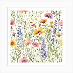 Multicolored Wildflowers Watercolor Field Drawin 01 Art Print