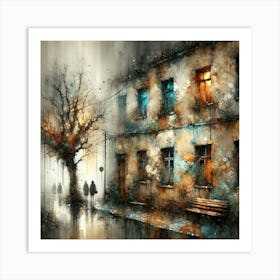 Enigmatic Night Aura: A Stunning Depiction of Mold-Stained Old House Wall in Watercolor Technique Inspired by Schaller and Merriam. Art Print