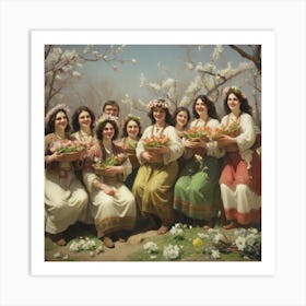 Group Of Women With Baskets Of Flowers Art Print