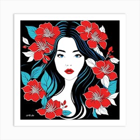 Color Portrait Illustration Of A Exotic Beauty With Red And Blue Flower Decoration Art Print