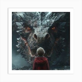 Boy Standing In Front Of A Dragon Art Print