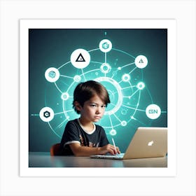 Young Boy Using A Laptop 1 Art Print