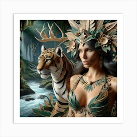Tiger And Woman In The Jungle Art Print