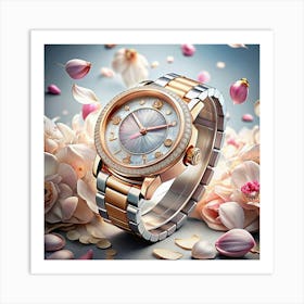 Diamond Encrusted Gold Watch With White Flowers 1 Art Print