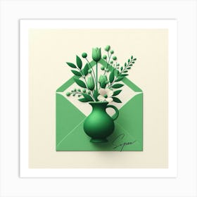 Green Vase With Flowers 2 Art Print