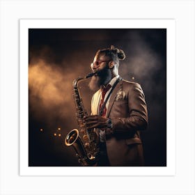 Jazz Musician Playing Saxophone In Dark Art Print