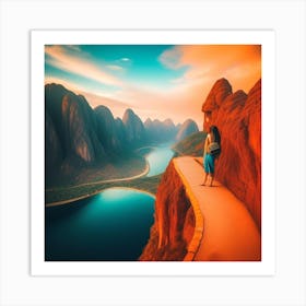 Woman Standing On A Path In The Mountains Art Print