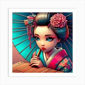 Shy Youn Comic Geisha With Umbrella Color Illustration Art Print