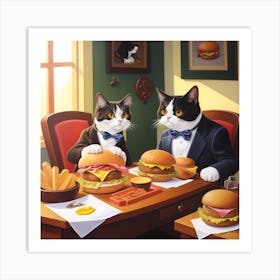 Cats Eat Burger on Table Art Print