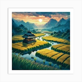 Beautiful views of rice fields, close to the river and surrounded by mountains, 3 Art Print