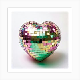 Floating Heart Shaped Disco Ball Reflection In 3d Integrating Gold Pink Orange Purple Green Am Art Print