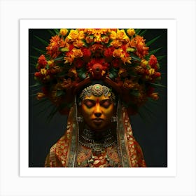 Woman With Flowers On Her Head 3 Art Print