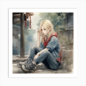 Girl Sitting On The Ground Art Print