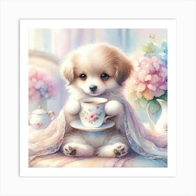 Puppy With A Cup Of Tea Art Print