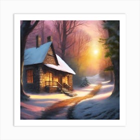 Snowy Woodland Cottage lit by the Setting Sun Art Print