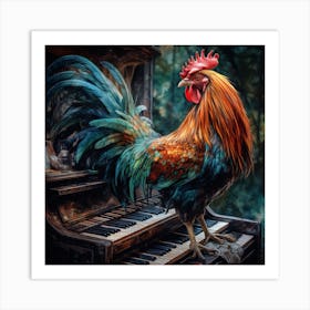 Rooster On Piano Art Print